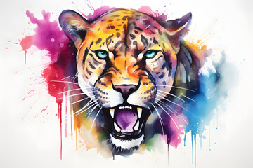 Modern colorful watercolor painting of a panther, textured white paper background, vibrant paint splashes. Created with generative AI