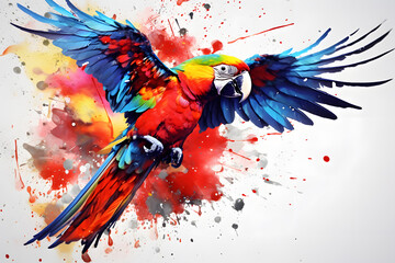 Modern colorful watercolor painting of a parrot, textured white paper background, vibrant paint splashes. Created with generative AI