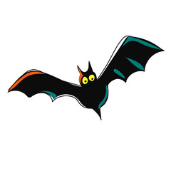 Bat flies with outstretched wings. Halloween vector illustration isolated. Black vampire bat is scary and has big yellow eyes. Cartoon style.