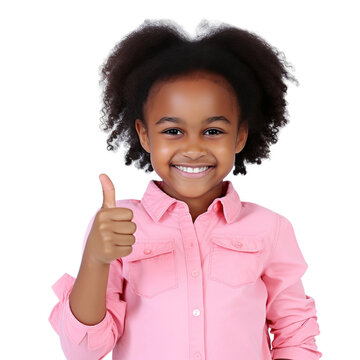Smiling afro girl showing thumbs up, isolated on white or transparent background. AI Generated.