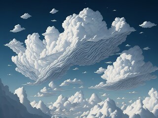 Una representación caprichosa de nubes blancas en el cielo, con un toque de fantasía y magia, como si estuvieran bailando en el aire y cambiando de forma a voluntad - obrazy, fototapety, plakaty
