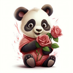 Obraz premium Panda Holding a Romantic Rose in Graphic Art