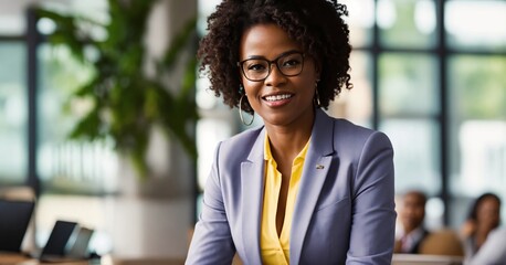 A candid portrait captures an African-American businesswoman exuding confidence in her corporate setting, reflecting her success as an entrepreneur and executive.