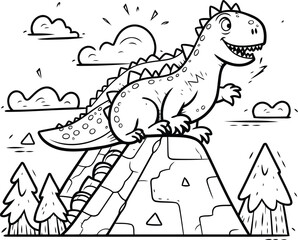 Coloring pages for children. Cute cartoon dinosaur in the park.