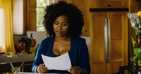 An African American woman reviews bills or paperwork in a modern kitchen, her expression reflecting deep thought and consideration. - obrazy, fototapety, plakaty
