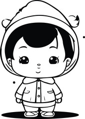 cute little boy in winter clothes. black and white vector illustration