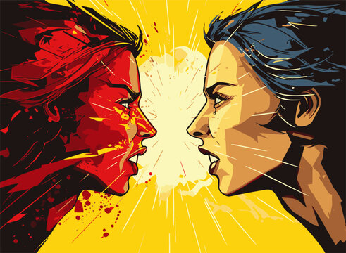 Two women against each other in pop art style. Cartoon vector illustration