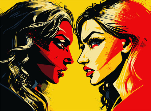 Two women against each other in pop art style. Cartoon vector illustration