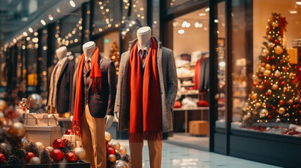 Naklejka premium a group of mannequins in winter clothes in a Christmas window
