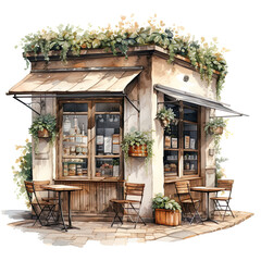 Cozy Small Coffee Shop Scene with Trees  Watercolor Clip Art