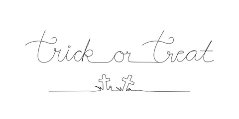 Continuous line trick or treat text with calvary crosses illustration in black and white outline vector.