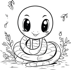 Cute baby snake. Black and white vector illustration for coloring book.