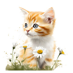 Naklejka na ściany i meble orange tabby cat playing with flowers, watercolor illustration