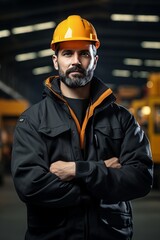 Fototapeta premium Industry maintenance engineer man wearing uniform and safety hard hat on factory station. Industry, Engineer, construction concept.