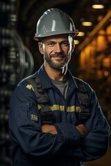 Fototapeta premium Industry maintenance engineer man wearing uniform and safety hard hat on factory station. Industry, Engineer, construction concept.