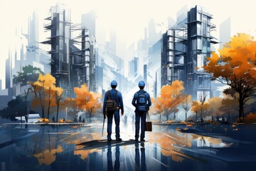 Two boys looking at sky scrappers in construction