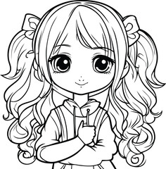 Cute little girl with long curly hair. Vector illustration for coloring book.