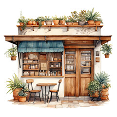 Cozy Small Coffee Shop Scene with Trees  Watercolor Clip Art