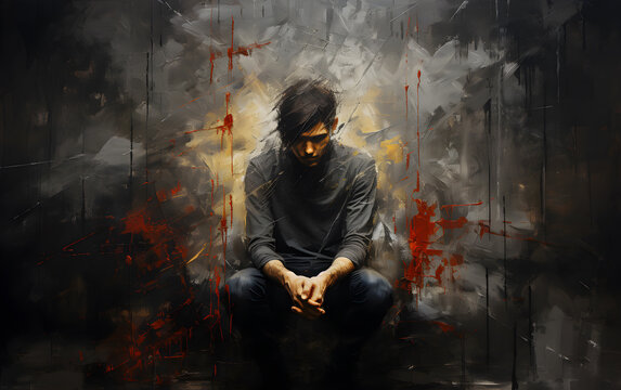 Artistic expression of depression. Dark theme with desperate man.