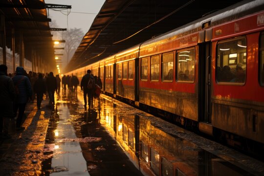 Horizontal shot of a railway station with the train during the sunrise