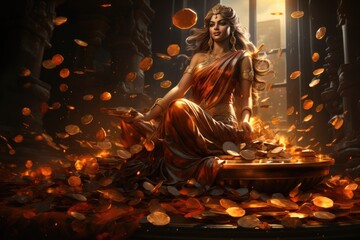 Illustration of beautiful Indian woman in traditional clothes on golden background