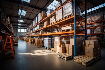 Interior of a large logistics warehouse stacked with palletes and boxes