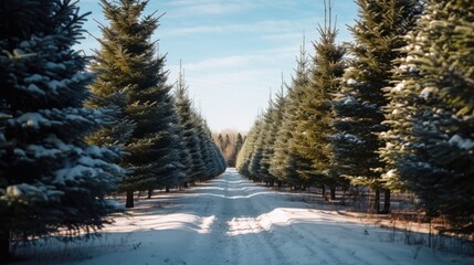 A snowy road lined with pine trees on a sunny day