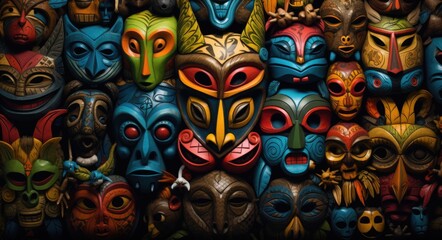 A bunch of colorful wooden masks sitting on top of each other