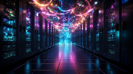 Fototapeta na wymiar the data center hallway with lights and colorful streaks
