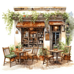 Fototapeta na wymiar Cozy Small Coffee Shop Scene with Trees Watercolor Clip Art