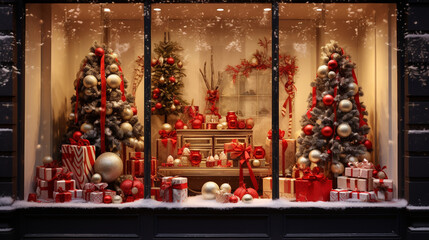 store window with christmas decoration, holiday window decorating concept
