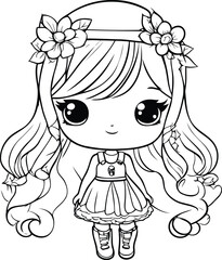 Cute little girl coloring page. Vector illustration for kids coloring book