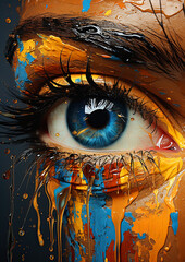 abstract blue eye painted in various colors, in the style of fashion art