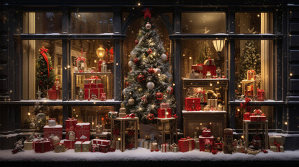 Fototapeta na wymiar store window with christmas decoration, holiday window decorating concept