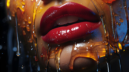 Tempting Sweetness: Lips Dripping with Colorful Syrup