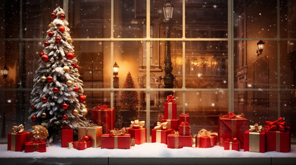 store window with christmas decoration, holiday window decorating concept