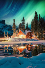 View of Northern lights glowing over Emerald Lake Lodge with snowy forest on winter at Yoho national park, Canada