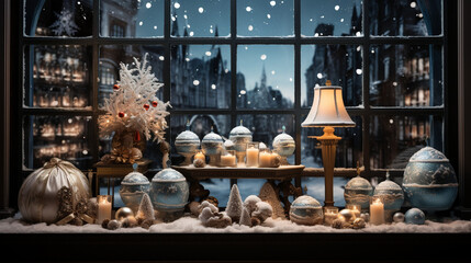 store window with christmas decoration, holiday window decorating concept