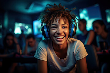 Latin teenage girl in wireless headphones indoors, led lighting background. Electronic sports gamer, listening music concept. Generative AI. - obrazy, fototapety, plakaty