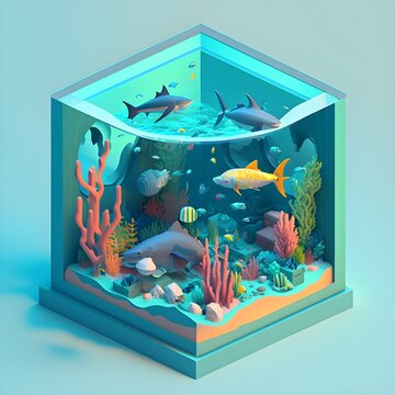 cute isometric ocean room all fishs corals sharks ronded edge cutaway box made with blender 