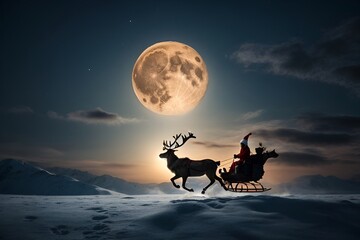 Santa Claus on a sleigh with moon in the background - obrazy, fototapety, plakaty