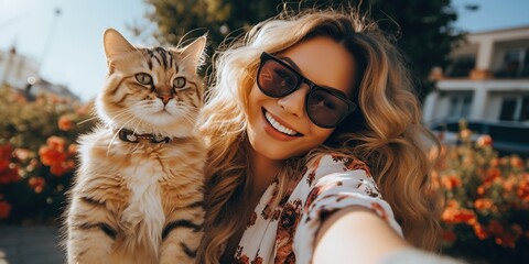 Young beautiful woman taking a selfie with a cat , concept of Feline companion