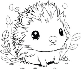 Cute hedgehog with leaves. Black and white vector illustration.