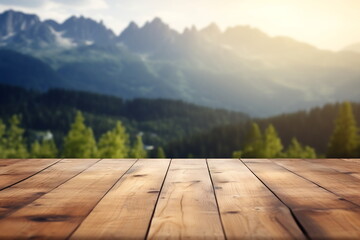 Wooden table and mountains landscape in morning sky