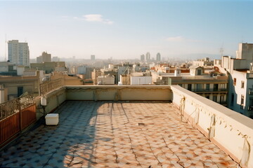 Empty sunny terrace. Balcony of apartment with a view to the street and blue sky in the center of Barcelona