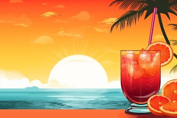 Fototapeta na wymiar Summer holidays illustration - cocktail on a beach against a sunny sunset seascape