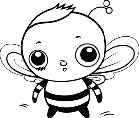 Cute little bee. Black and white vector illustration for coloring book.