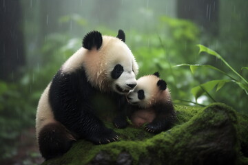 Cute adorable kawaii panda living in the bamboo forest