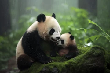 Gordijnen Cute adorable kawaii panda living in the bamboo forest © Canvas Alchemy