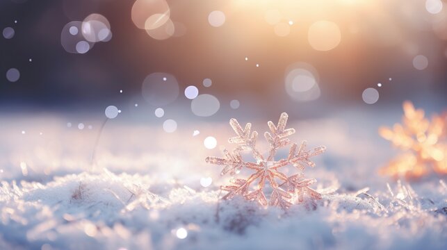 Frozen snowflakes on a blurred bokeh background, frost, ice. Generation AI